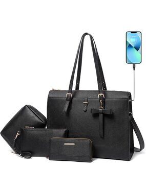 Stylish 4pc Women's Leather Laptop Bag Set with USB Charging, Large Tote